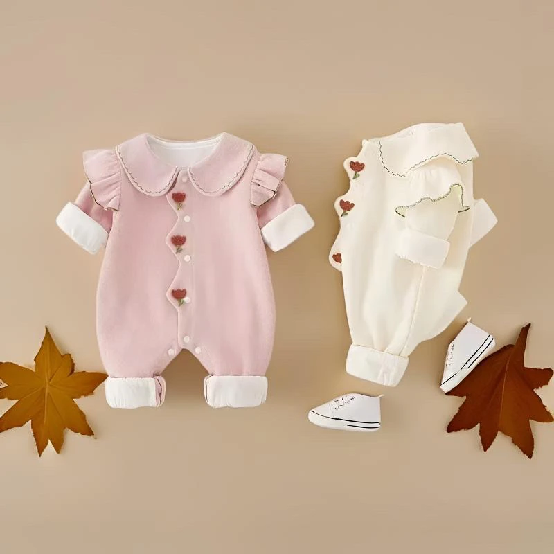 秋季新款女宝宝长袖连体衣公主风超萌可爱哈衣新生儿双层棉里爬服