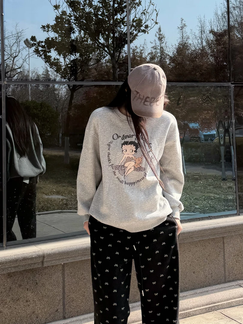韩版贝蒂印花秋冬氛围感加绒卫衣女冬季新款宽松休闲上衣