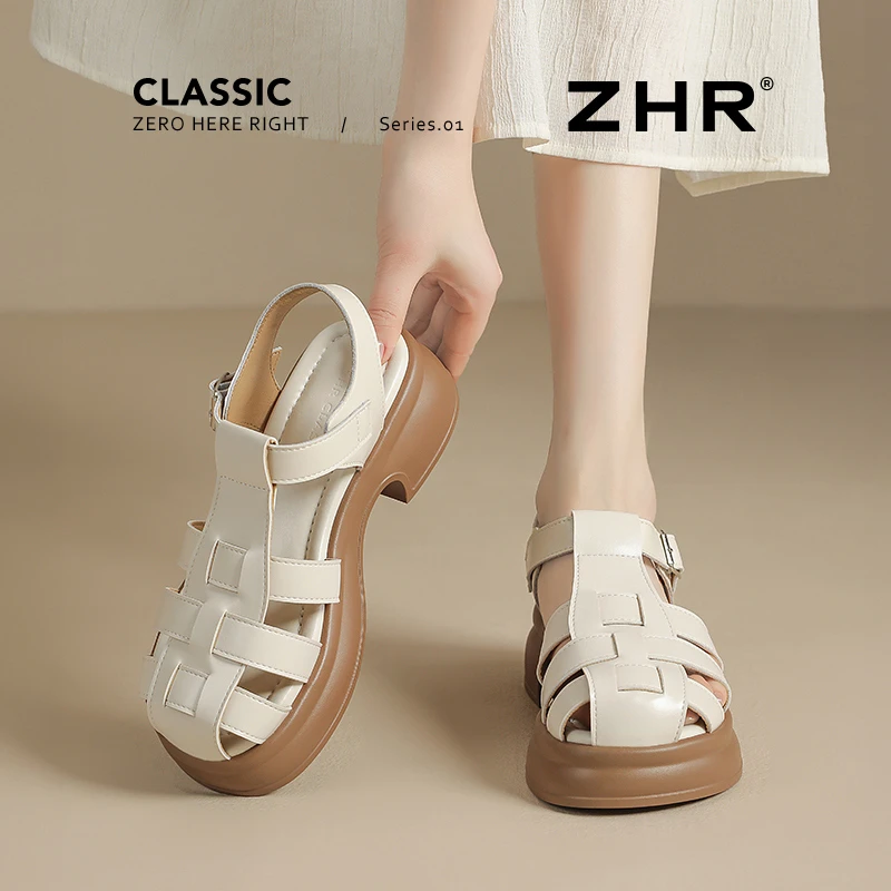 ZHR则则罗马夏天凉鞋女夏新款外穿真皮厚底沙滩鞋复古猪笼