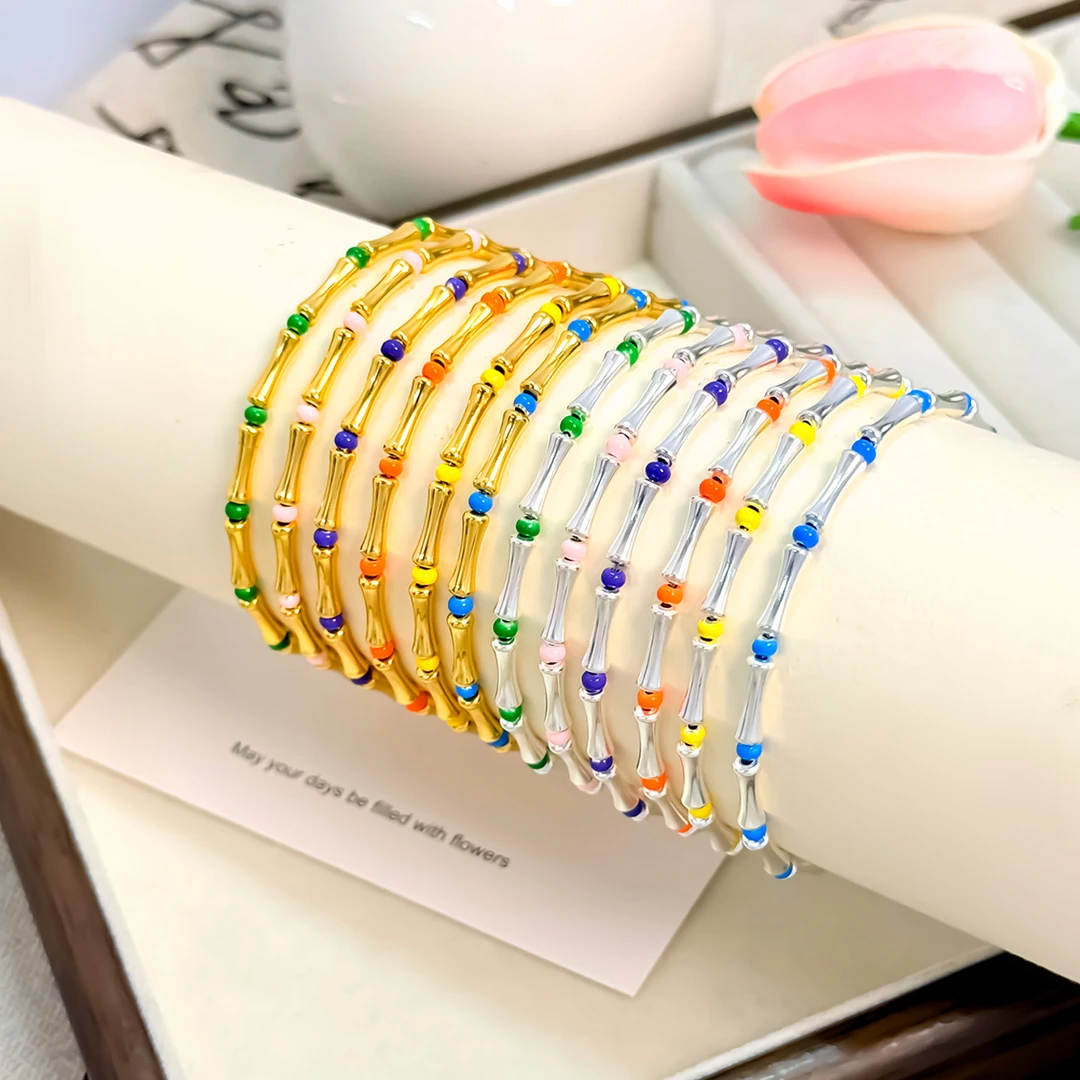 足银手链 足银999电镀金色彩虹豆长款竹节单色小号光身珠子手链