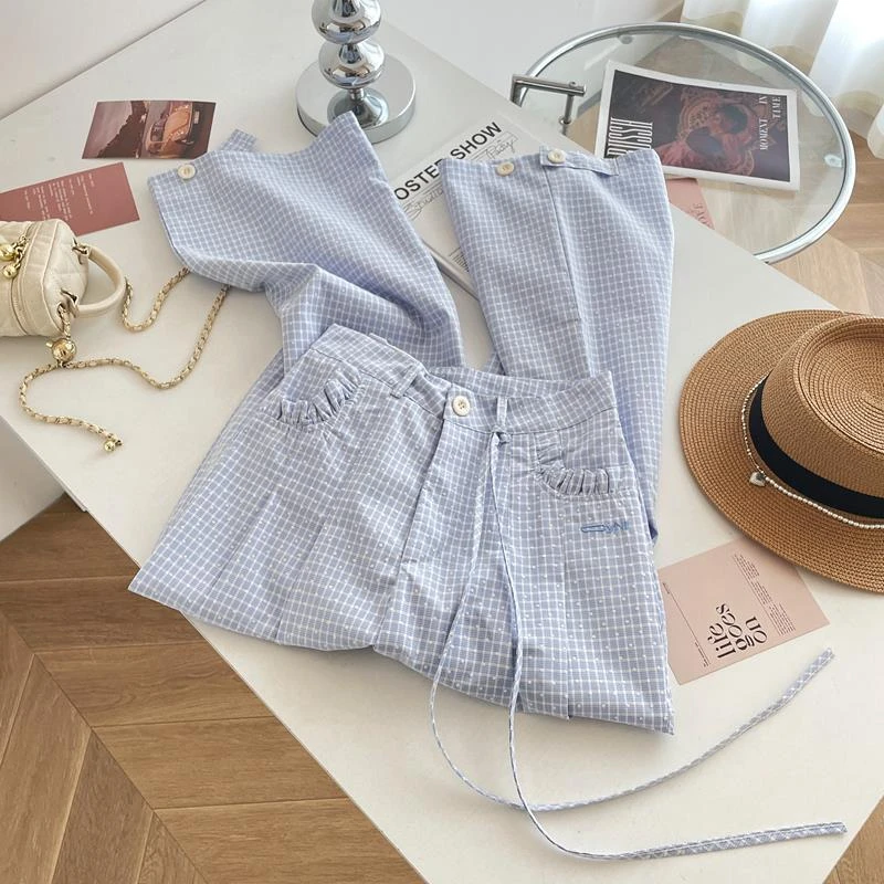 蕾丝花边设计感格子裤女2025年夏季法式设计感高腰显瘦阔腿长裤子