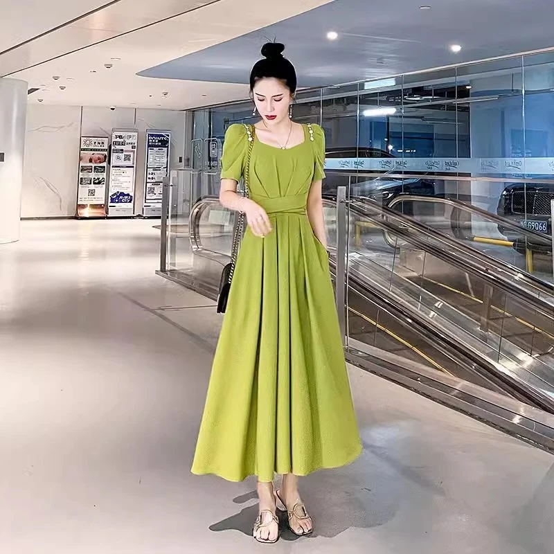 T6031法式连衣裙新款夏季女装赫本风收腰显瘦高级感气质方领长裙