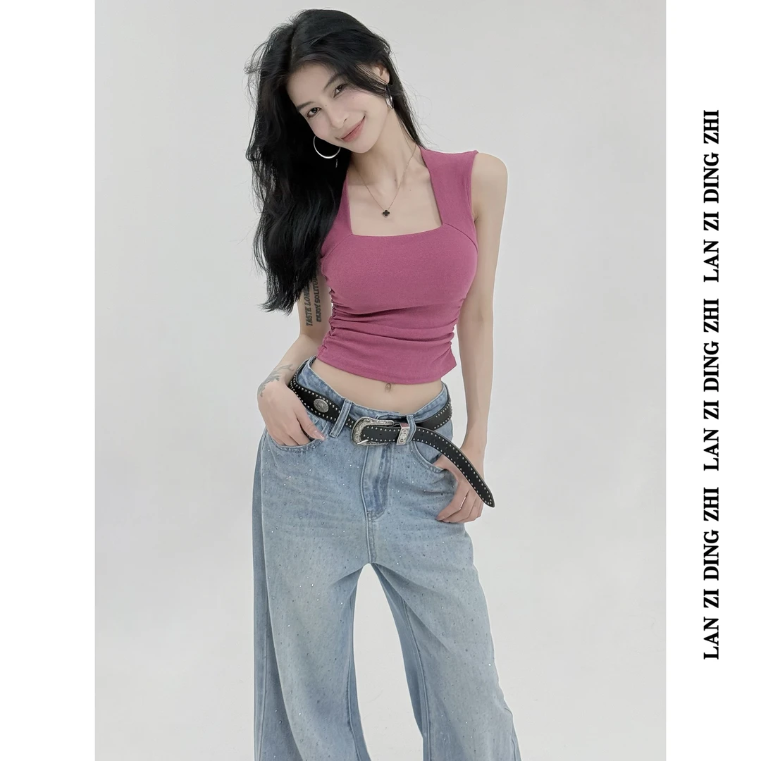 「风传花信」复古方领修身显瘦腰部捏褶弹力无袖背心上衣