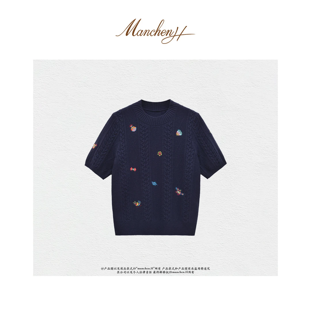 曼辰manchenh“云端童话”原厂康赛妮纱线12针定位水溶绣花针织上衣