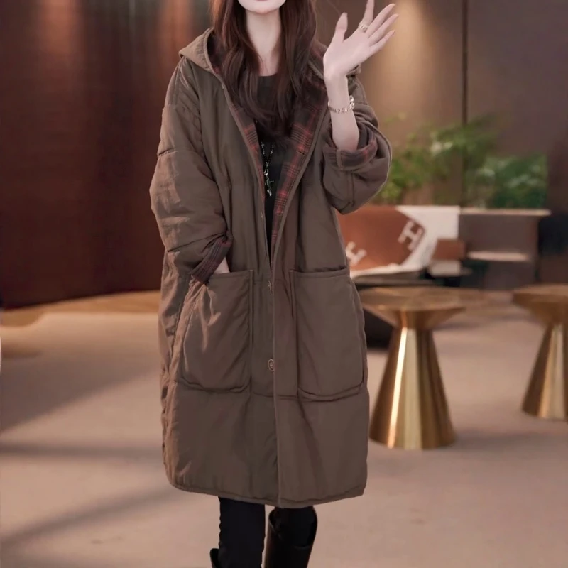休闲高级感加厚保暖中长款棉服外套女2025秋冬新款两面穿连帽棉衣