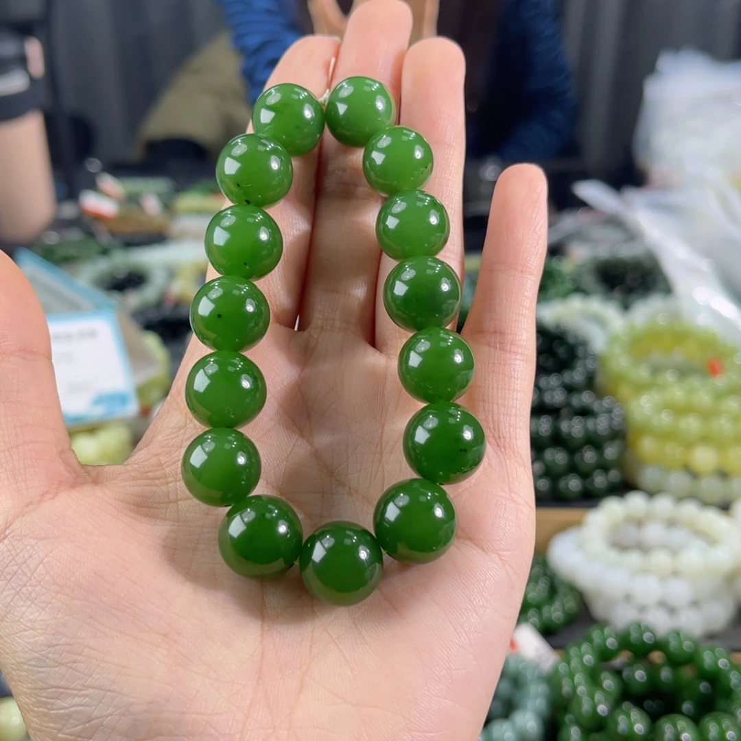 九***戒和田玉未镶嵌手链纯天然和田玉14mm俄料碧玉辣阳绿圆珠