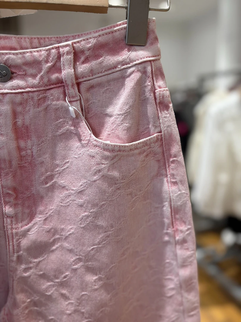 [十一] 品牌撤柜微瑕 粉色裤子夏季百搭复古磨边牛仔长裤ZK534