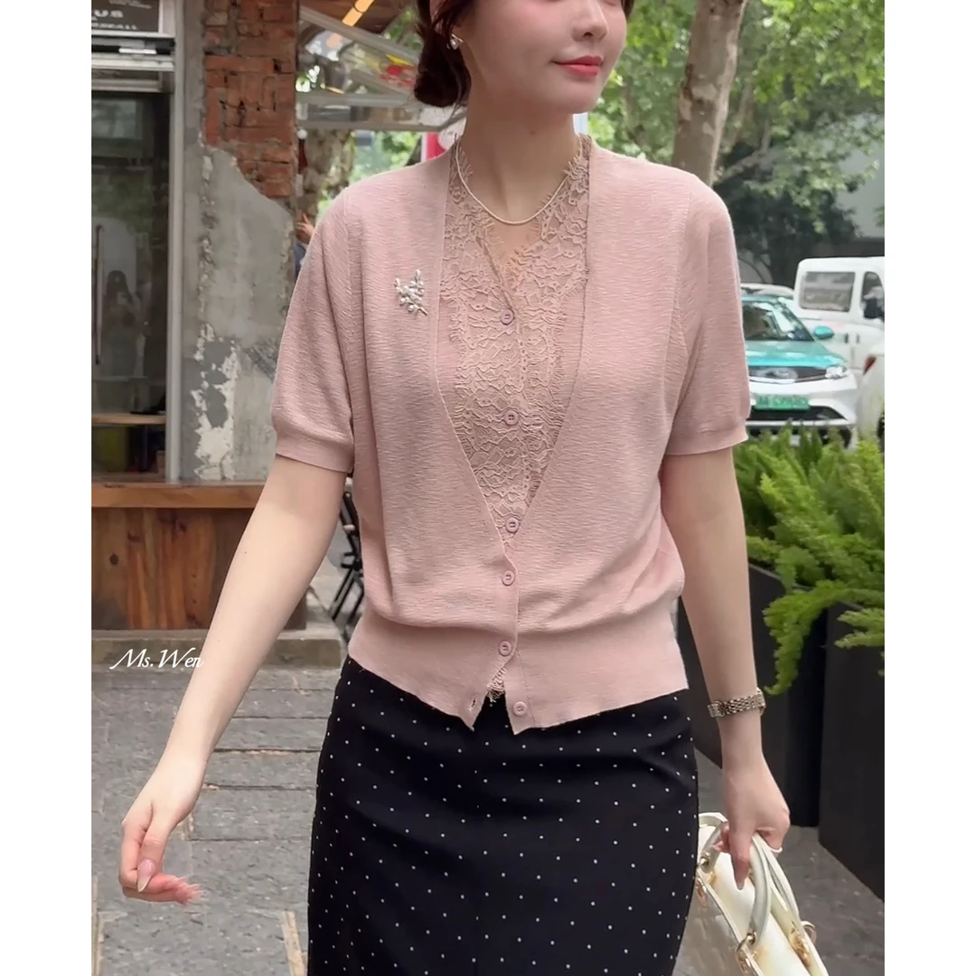 【WENZO】蕾丝短袖~夏季百搭时尚气质竹节麻蕾丝毛衫短袖W250436