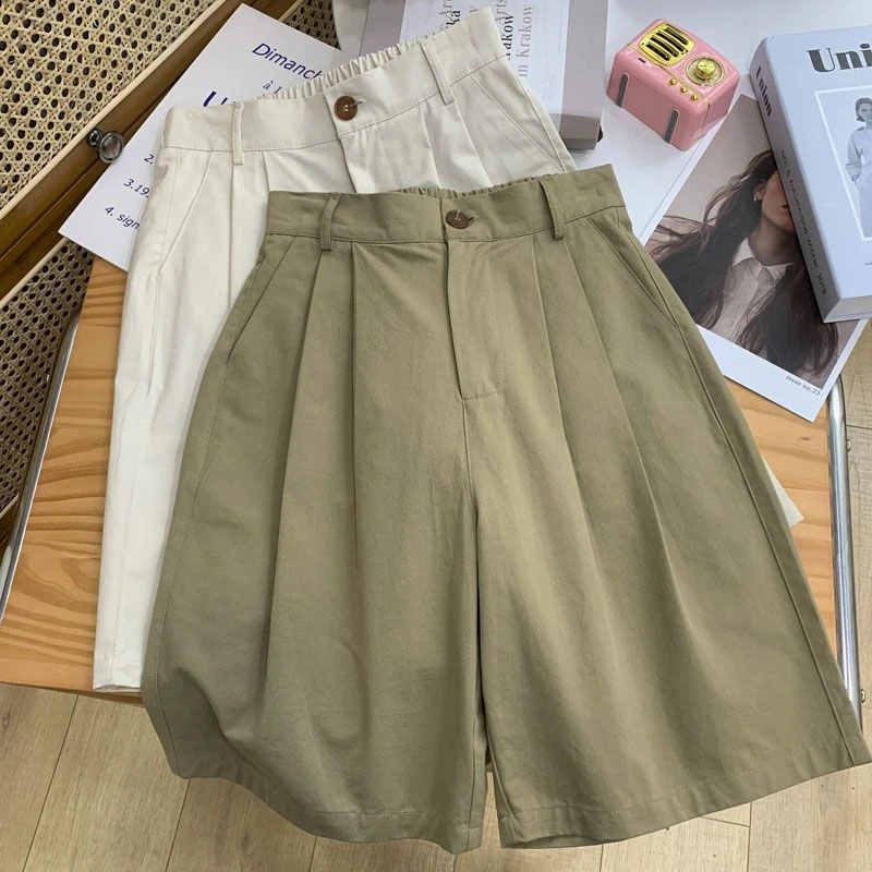 西装短裤女夏季薄款2025新款高腰宽松小个子工装休闲阔腿五分中裤