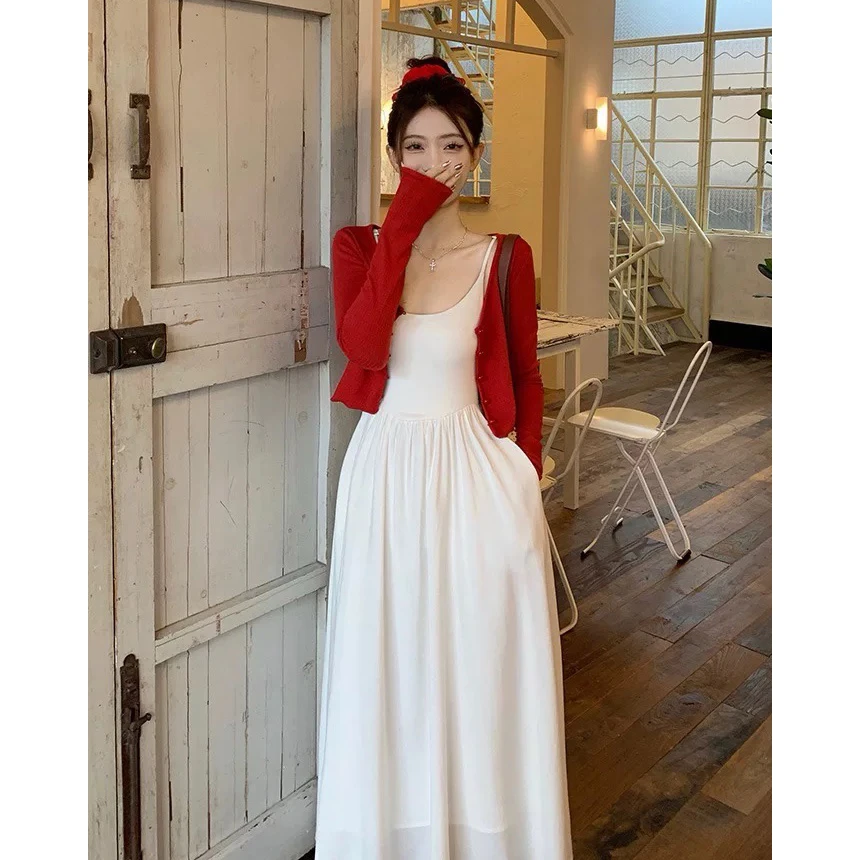 大码女装法式温柔风吊带连衣裙宽松开衫韩系穿搭显瘦气质长裙