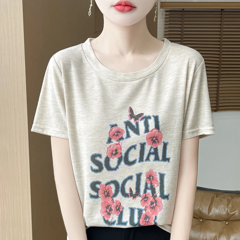 特大码夏季印花圆领短袖t桖女时尚百搭桑蚕丝冰丝针织衫洋气上衣