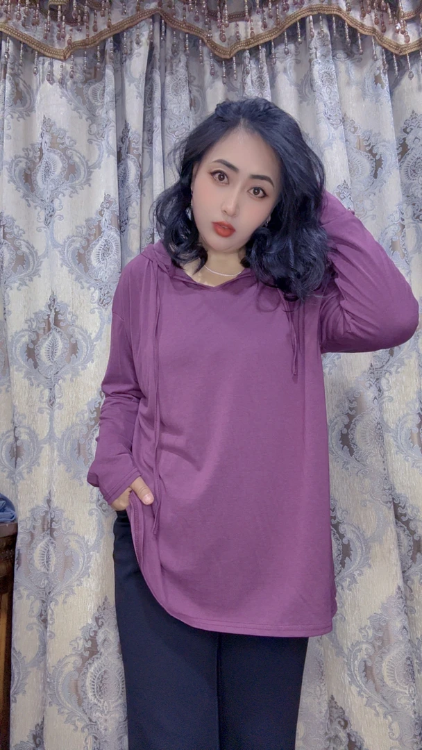 秋季连帽网红民族风紫色纯色中长款卫衣长袖百搭女装