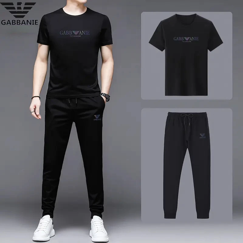 专柜轻奢正品高档圆领运动套装男冰丝潮流时尚休闲印花夏季两件套