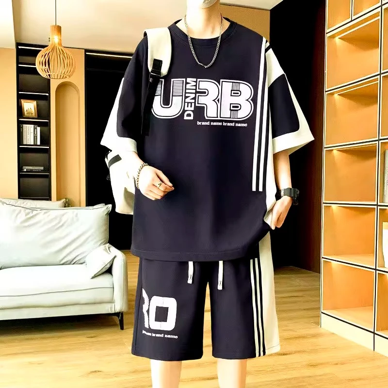 夏季薄款休闲运动套装男2025新款夏季青少年宽松短袖T恤短裤套装