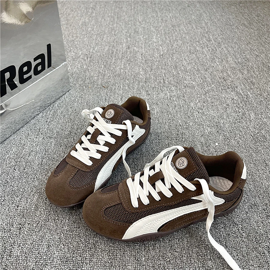 棕色情侣赛车鞋平底德训鞋女潮2025新款秋季网面透气运动休闲鞋男