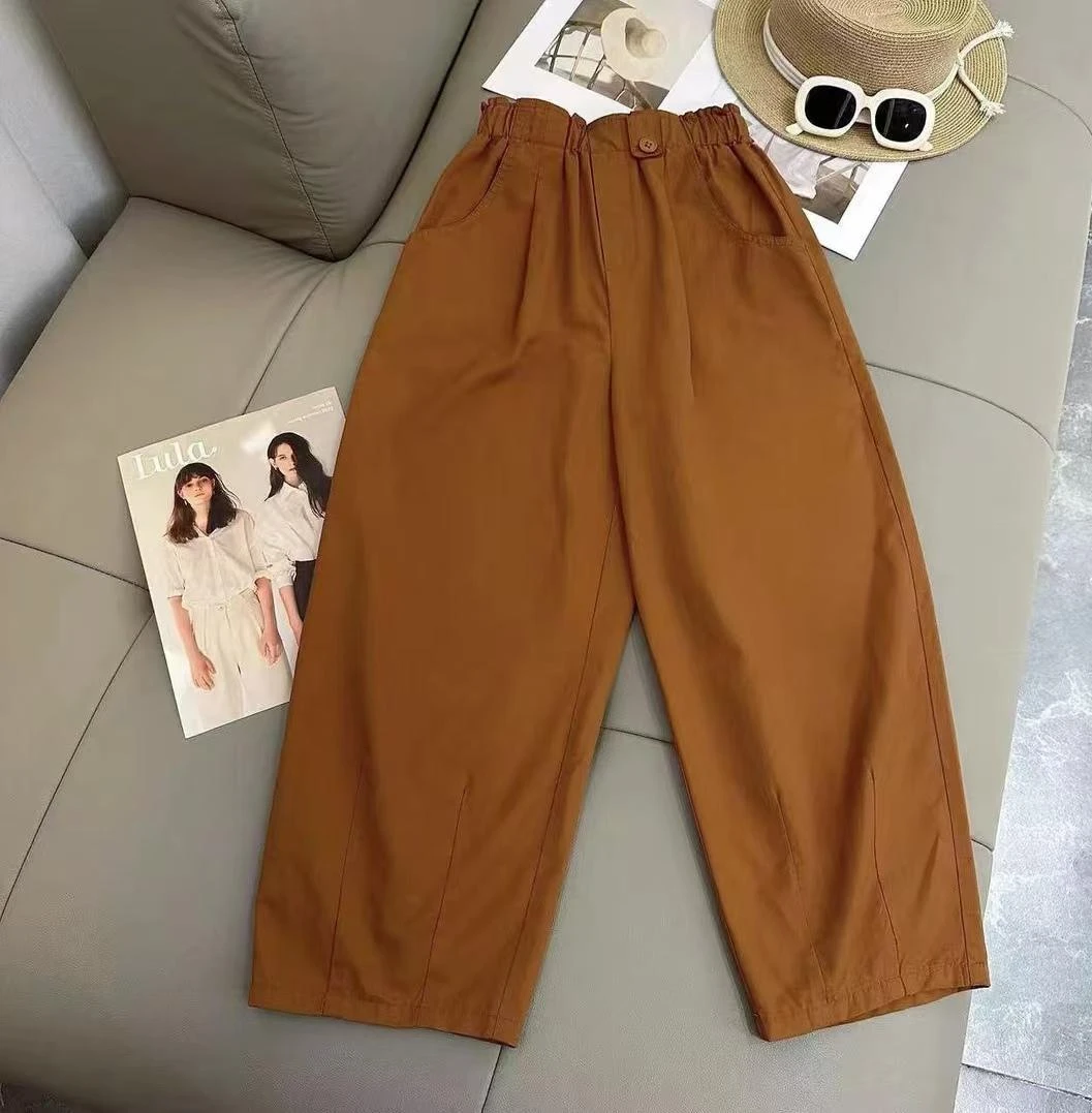 【番外静姐专属】2025夏新款休闲松紧高腰斜口花苞腰九分镰刀裤1091