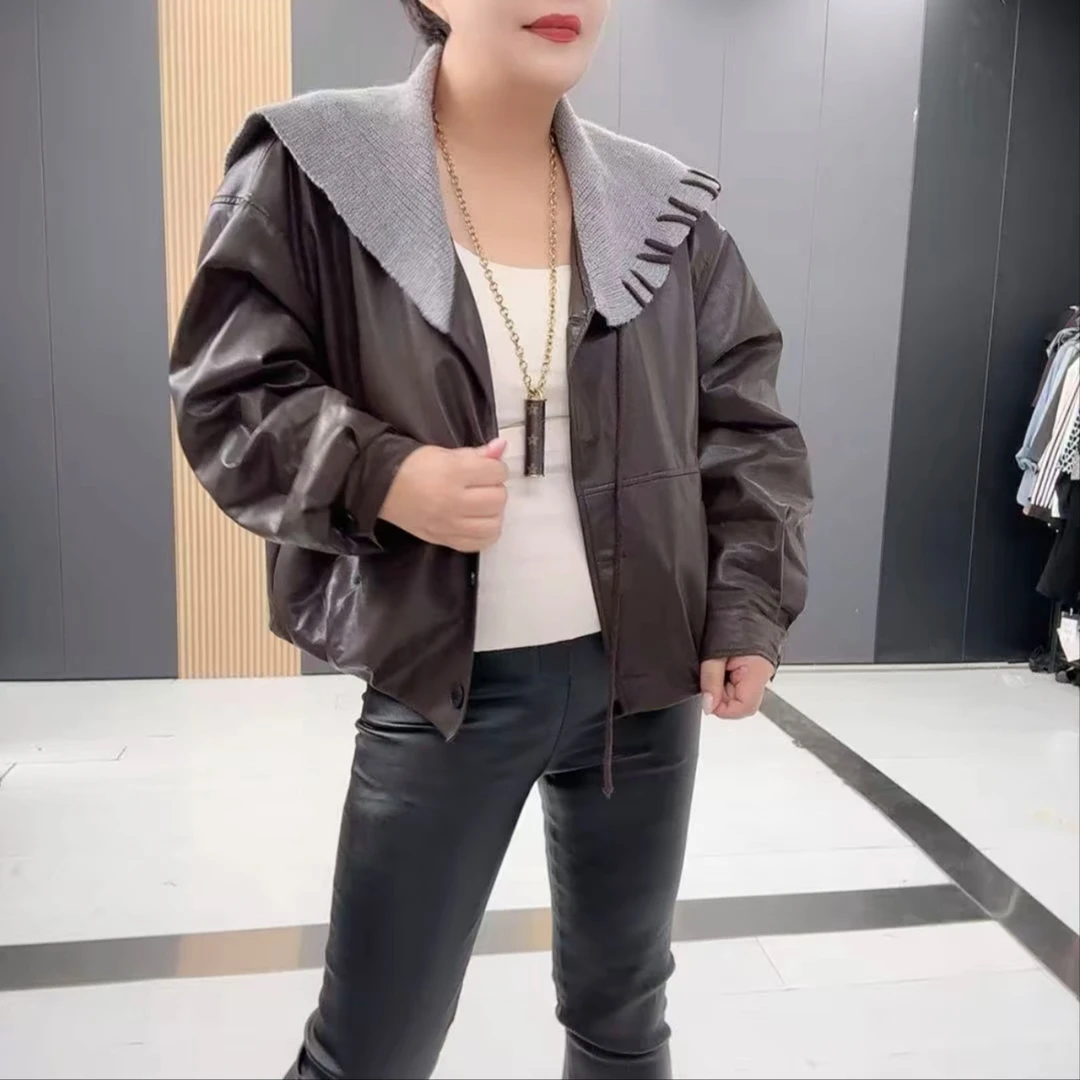 大码女装常规针织海军领时尚工装风短款皮U皮外套宽松6126