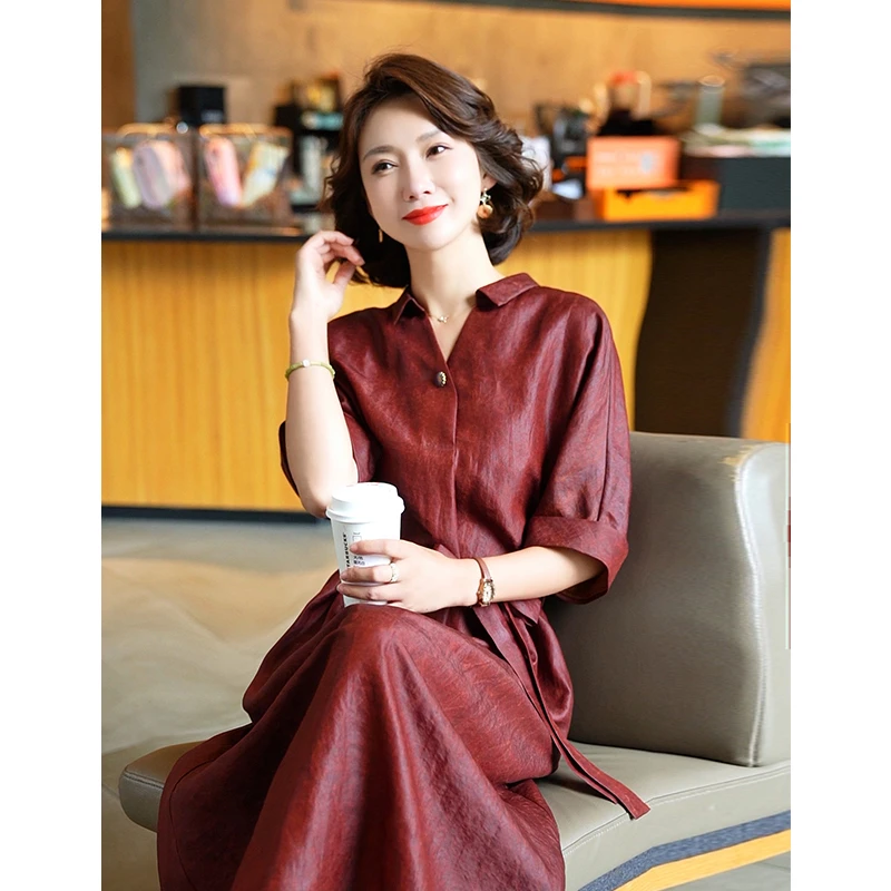 杭州真丝连衣裙中国风古典红云纱裙子女2025夏季新款桑蚕丝香云纱