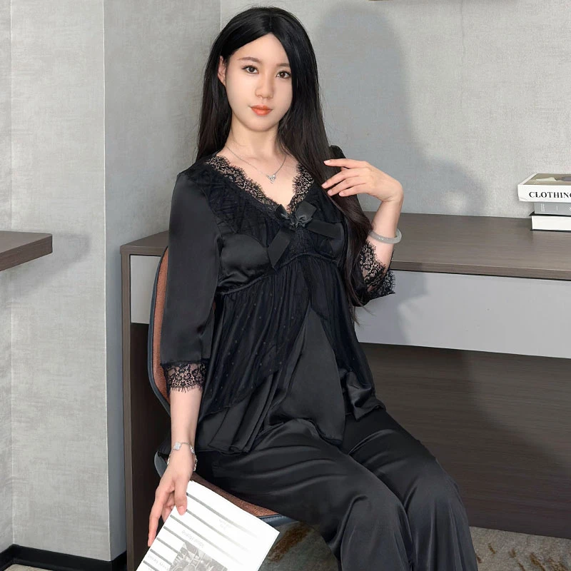 带胸垫冰雪丝睡衣女春秋季长袖蕾丝性感纯欲家居服可爱公主风套装