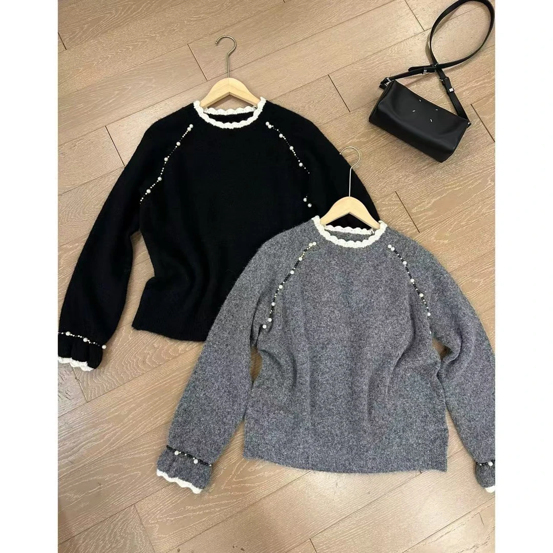 玖了个玖【花边领毛衣】设计感百搭钉珠针织上衣2501C24