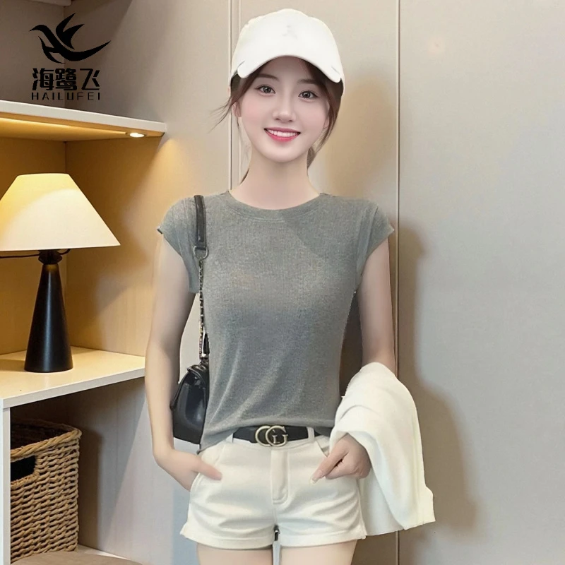 海鹭飞小飞袖T恤螺纹圆领短袖女夏季新款修身显瘦打底衫百搭上衣
