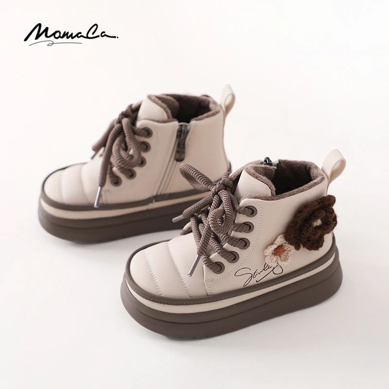 MOMOCO冬季新款女童小花加绒短靴时尚皮靴75831402002