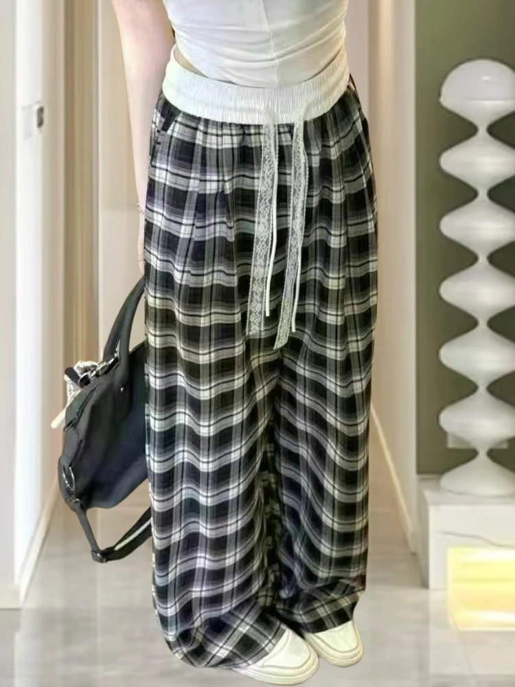 (小沐家)  格子休闲阔腿裤百搭时尚宽松夏季