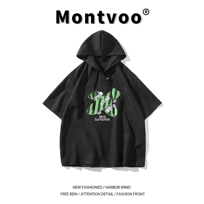 MTVO迈特优印花连帽短袖衬衫男夏季薄款2025新款男生短袖衬衣外套