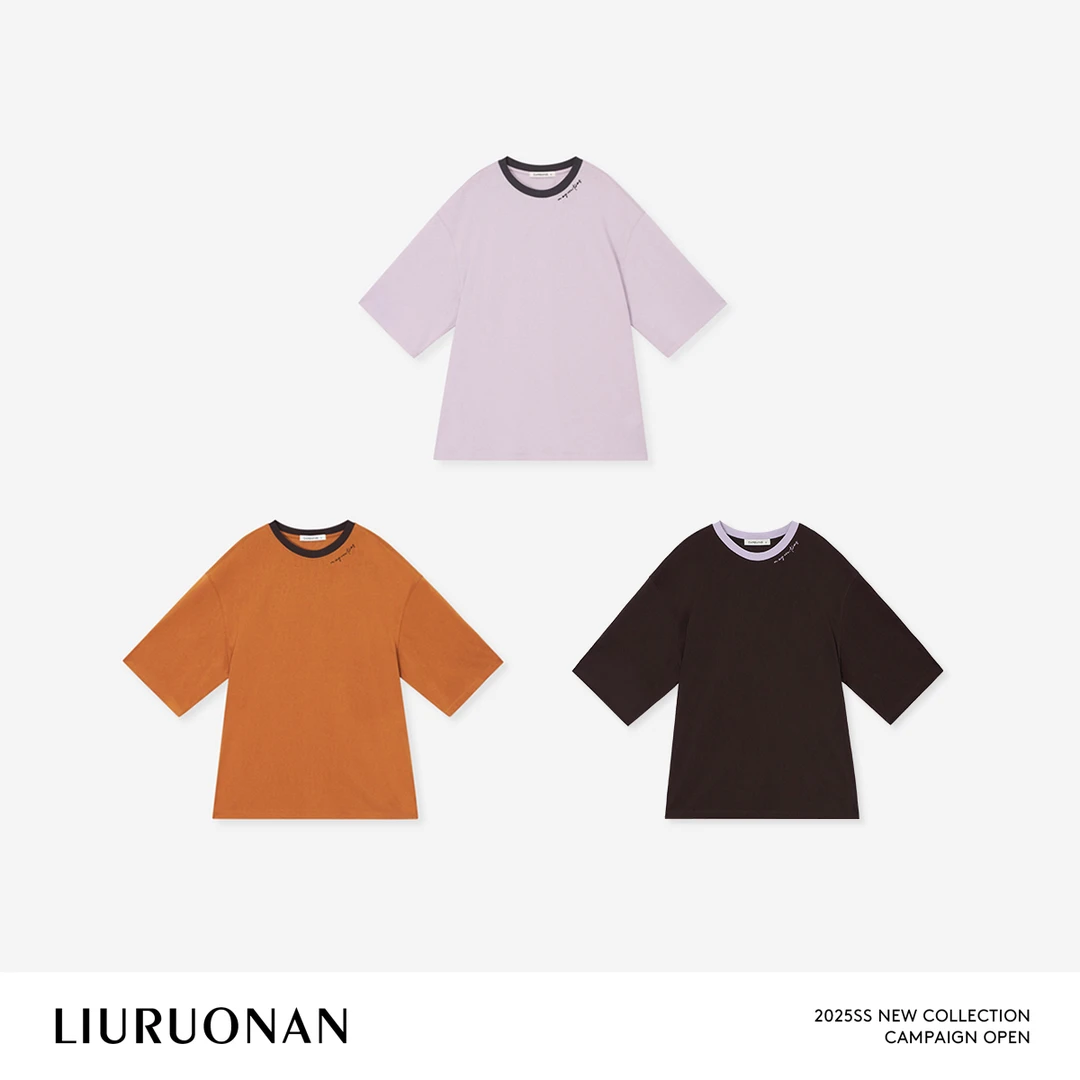 LIURUONAN 25SS【浅丁香tee】撞色拼接圆领字母刺绣夏季宽松短袖T恤