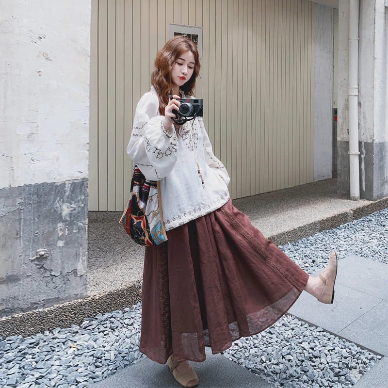 复古法式灯笼袖衬衫半身裙2025春秋新款氛围感优雅气质咖色套装裙