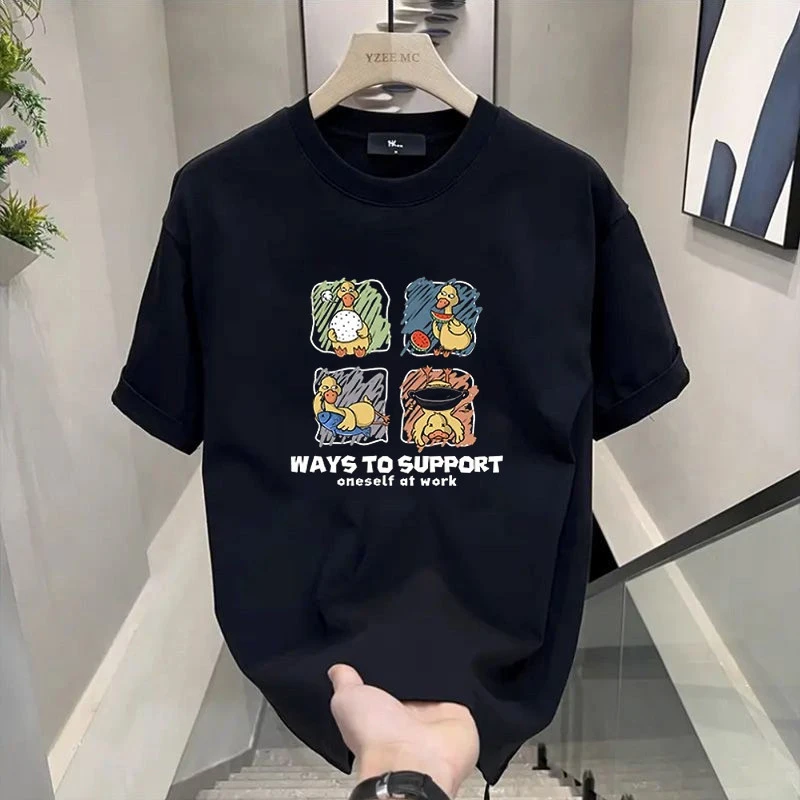 迪柯登重磅纯棉潮牌个性T恤潮流工作鸭印花男款夏季圆领休闲秀禾