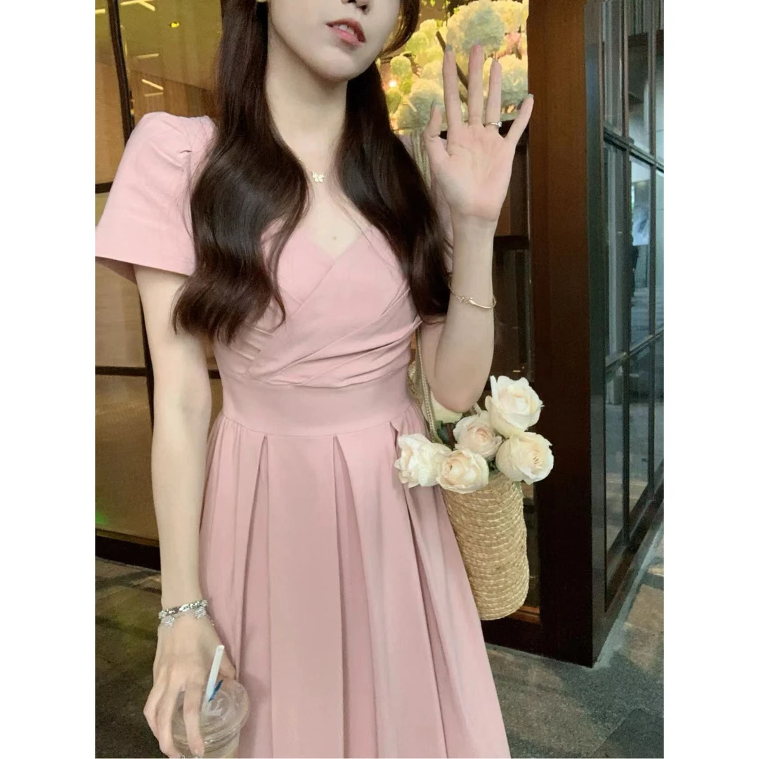 安安 气质交叉领连衣裙弹力打揽腰带显瘦