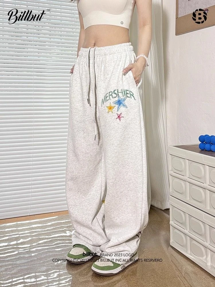 美式复古垂感星星涂鸦运动卫裤情侣宽松休闲百搭直筒阔腿休闲长裤