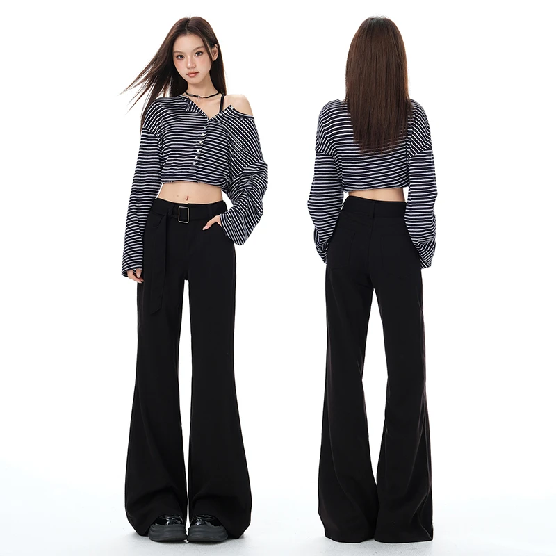 免熨免烫不贴腿微喇牛仔裤女春秋新款黑色高腰显瘦小个子阔腿裤子