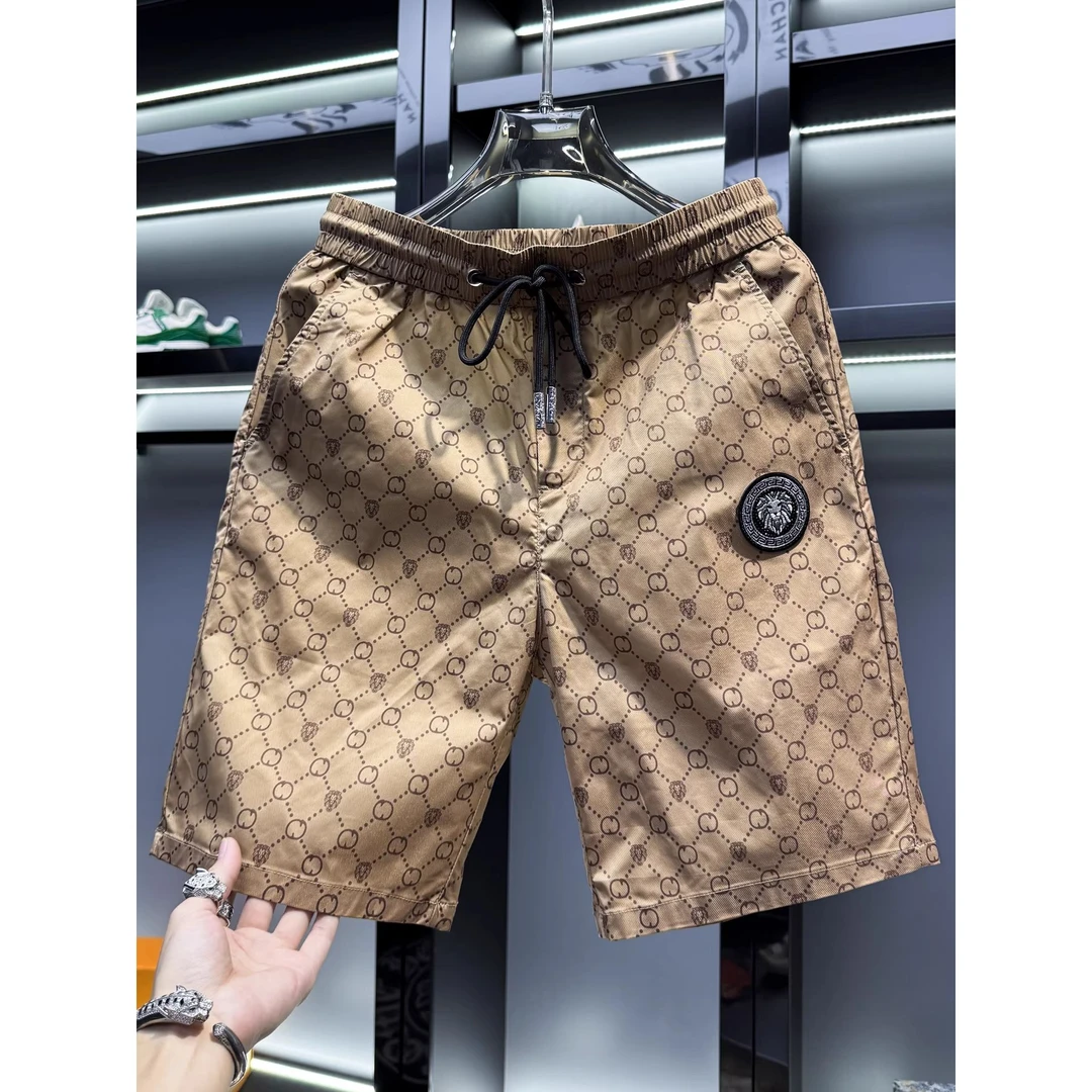 欧货男士高端冰丝刺绣休闲短裤2025新款夏季薄款速干沙滩五分裤男