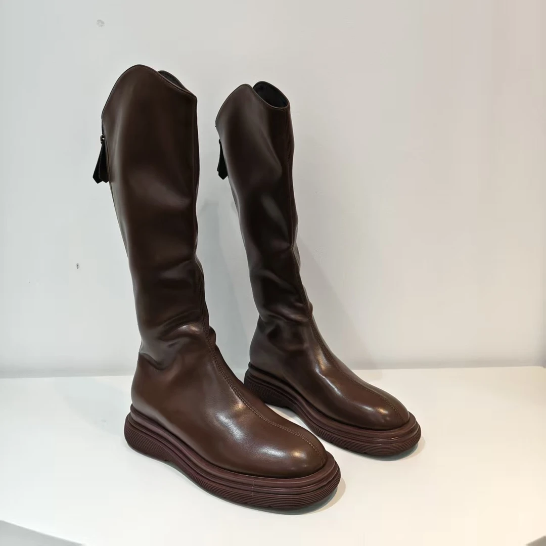 棕色D2585-10长筒靴女2025新款靴女高筒显瘦百搭女长靴