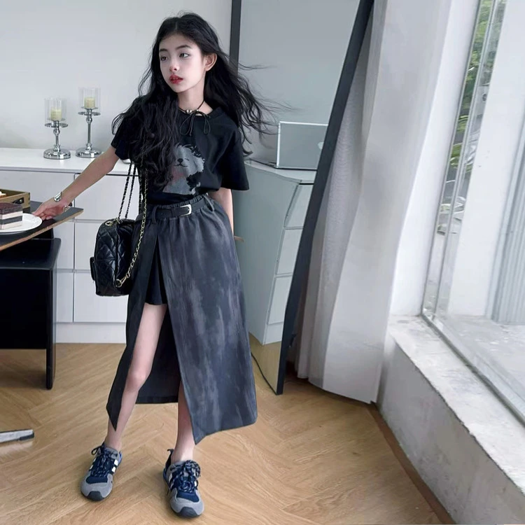 女童夏季穿搭长T恤套装大儿童夏装开叉半身裙女孩潮酷穿搭长裙子