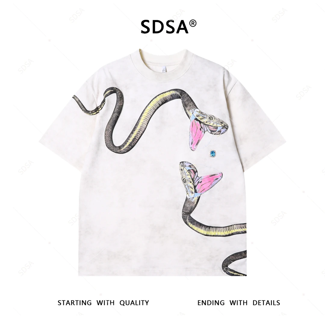 夏季高级感新款男士满天星撞色蛇印花短袖T恤时尚宽松圆领上衣