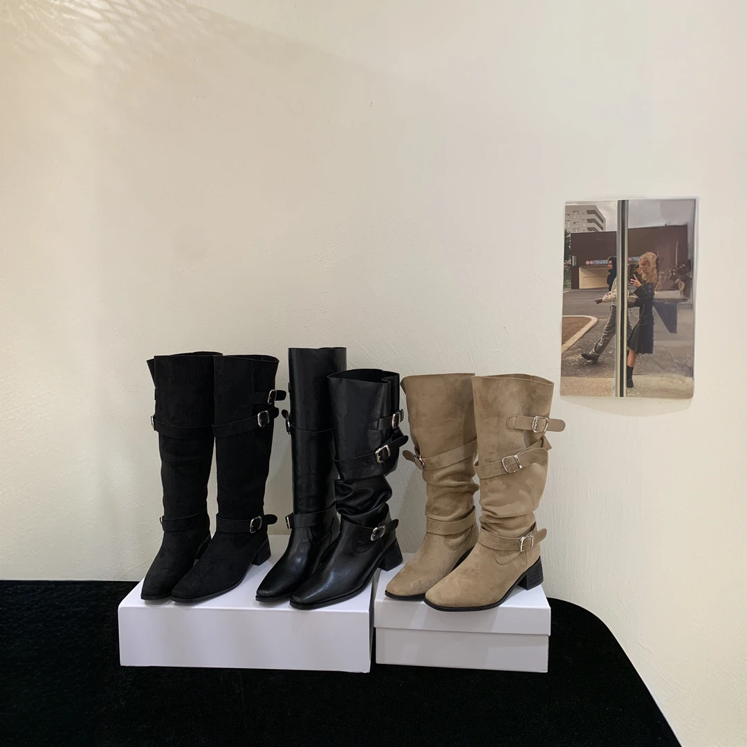 高跟高筒靴时尚粗跟过膝牛仔靴百搭复古时装靴尖头长筒长靴秋冬