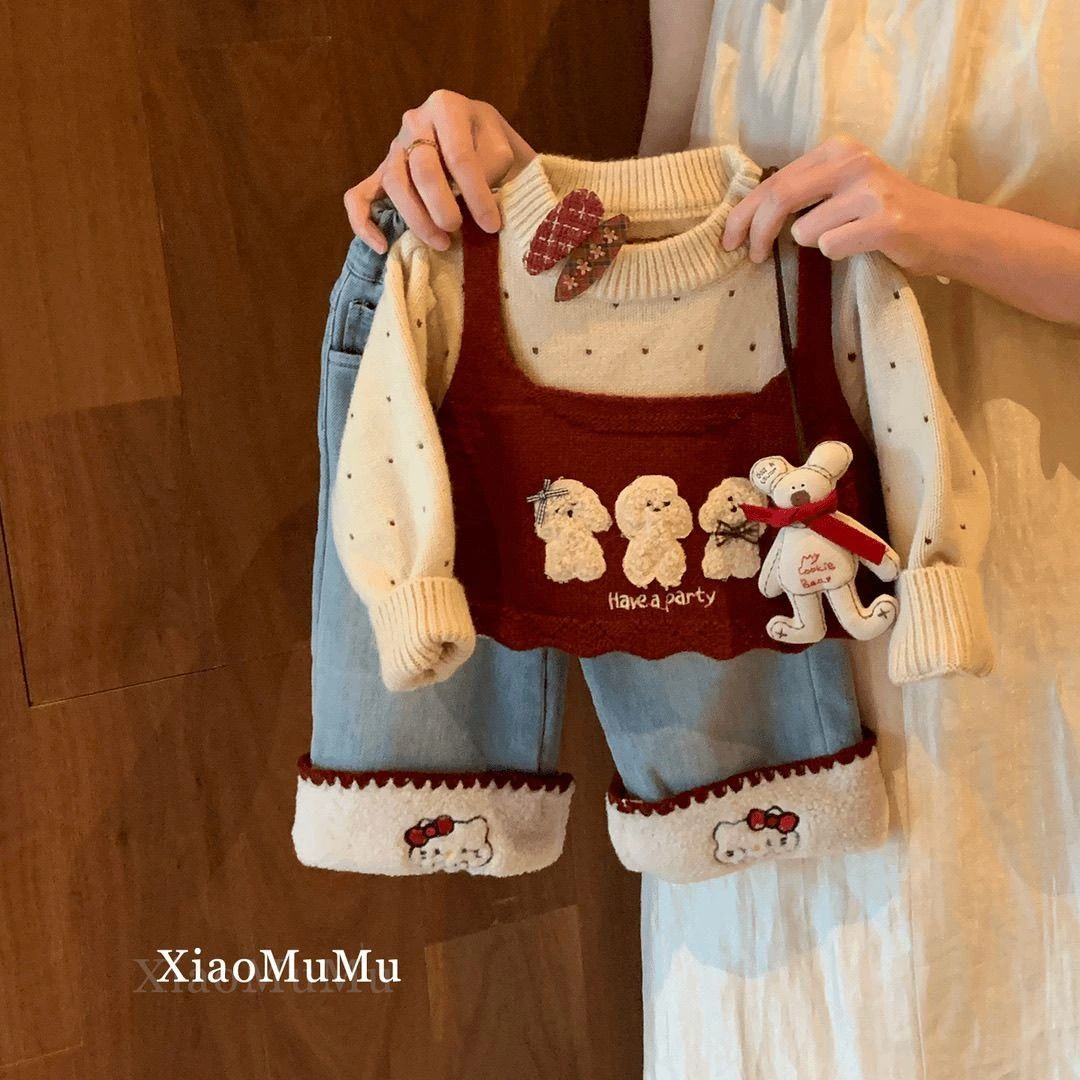 YeeHoO英式女童秋冬套装2025新款洋气女宝宝加厚毛衣儿童加绒牛仔