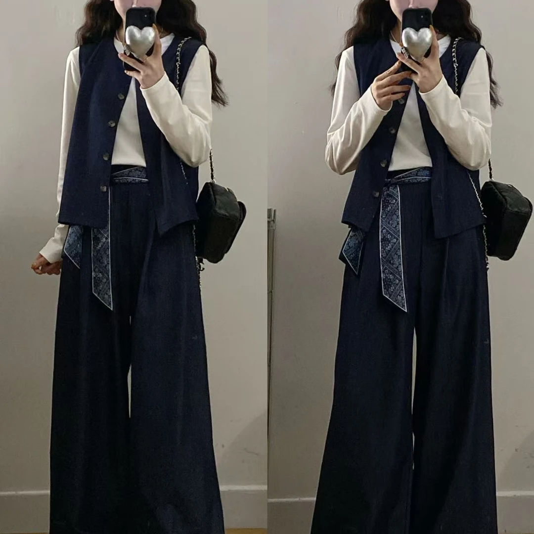 大码女装胖mm新款韩系时尚节约纯色长袖T恤马甲+阔腿裤遮肉三件套