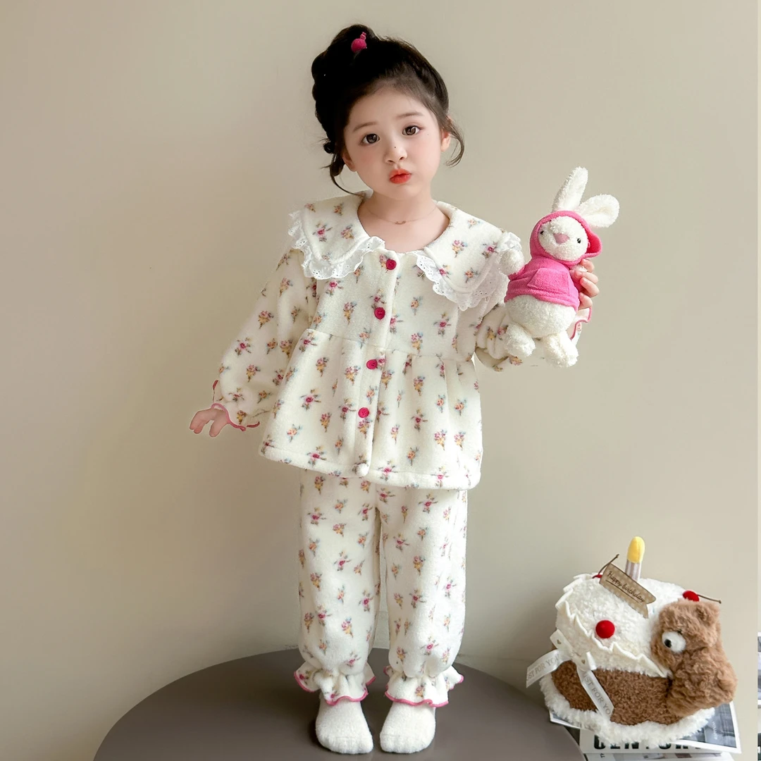 儿童珊瑚绒睡衣女孩秋冬款加厚2025新款宝宝法兰绒套装女童家居服