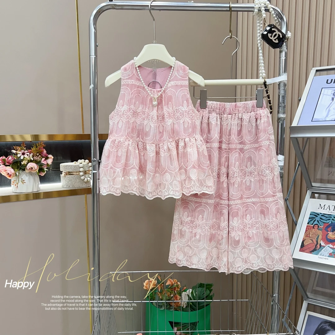 【果妈家】女童2025夏季新款韩版洋气背心+直筒裤套装-6172