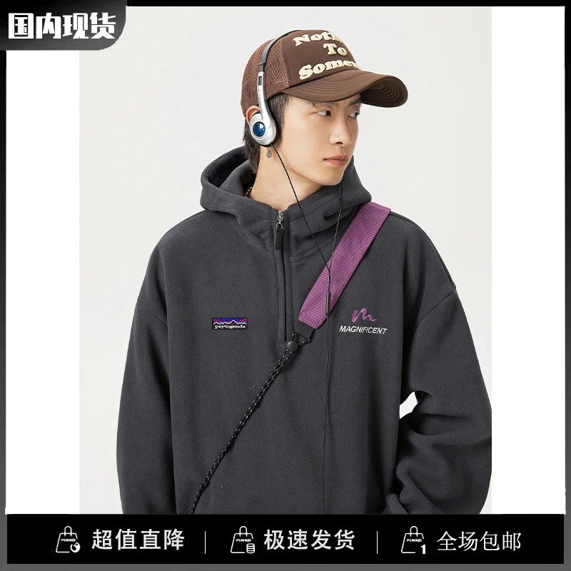 巴塔正品paytogenda半拉链连帽卫衣美式复古质感摇粒绒帽衫外套潮