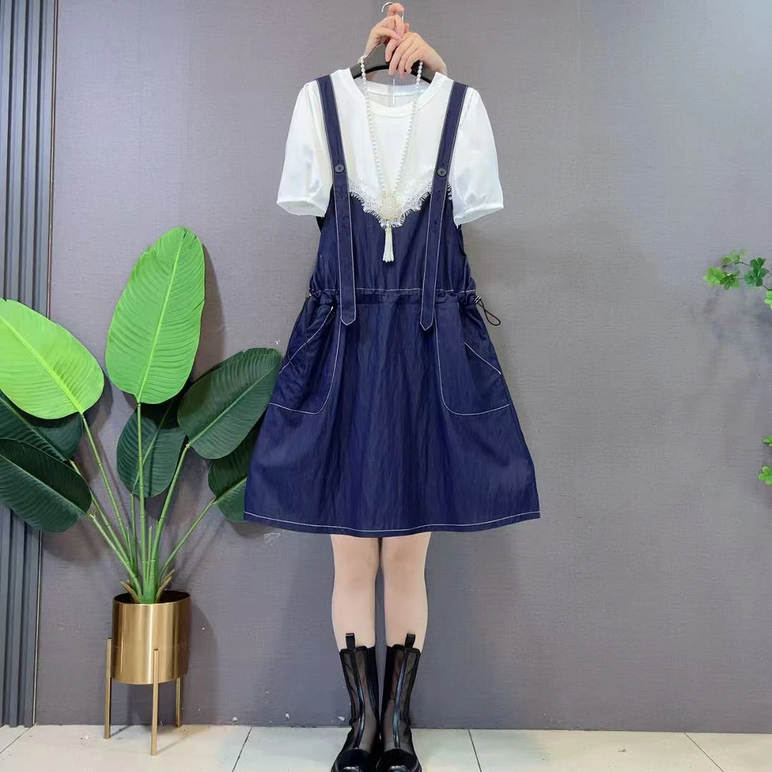 欧货洋气休闲复古牛仔背带裙＋短袖T恤洋气遮肉收腰气质两件套装