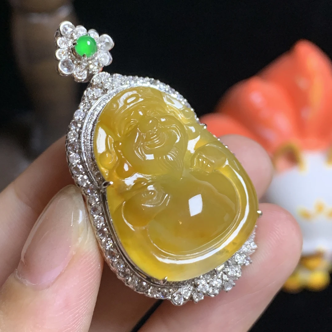 缅甸翡翠a货18k金镶嵌高冰黄翡黄财神爷吊坠