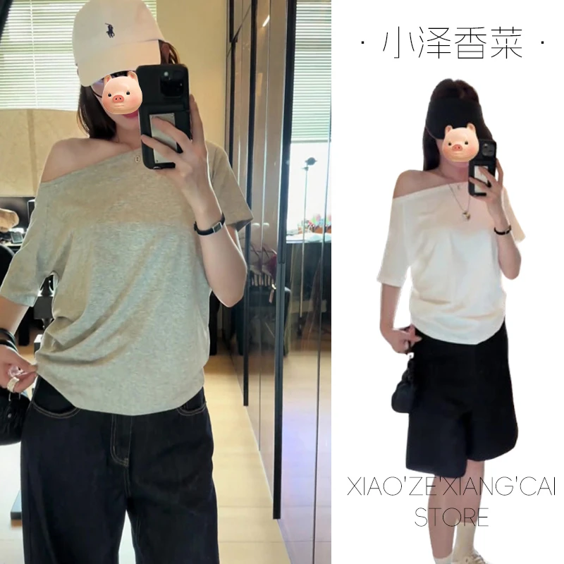 灰色一字肩斜肩短袖T恤女夏季2025新款爆款宽松显瘦露肩纯色上衣