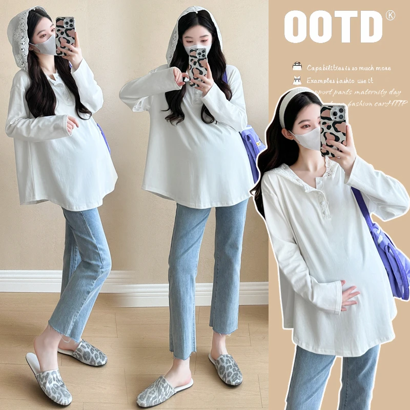 2025春季新款孕妇长袖甜美蕾丝连帽拼接上衣大码宽松时尚T恤