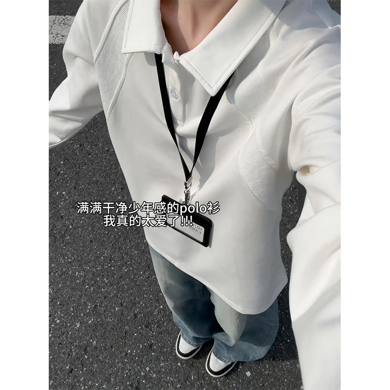 白花灰色正肩polo衫卫衣男款春秋季拼接设计感重磅衬衫领长袖T恤