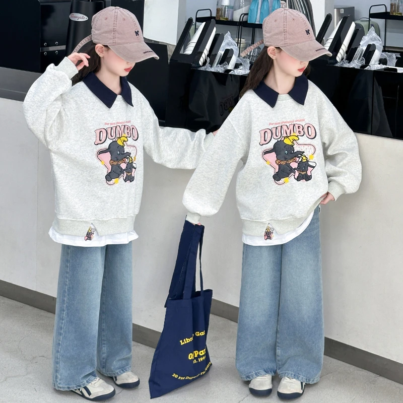 女童套装春秋装中大童洋气女孩卡通POLO衫卫衣阔腿牛仔裤两件套